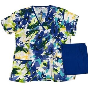 Liana Women’s Scrub Set 1X NWT Blue Green Abstract Print Top & Blue Pants